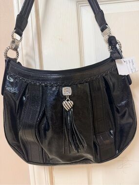 Glossy Black Patent Shoulder Bag with Silver-Tone Hardware